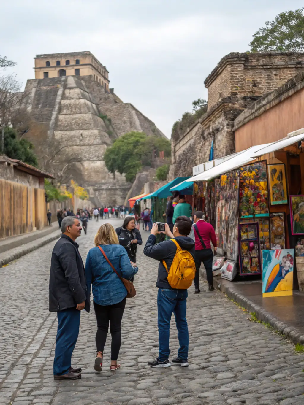 A photograph showcasing a guided tour group exploring the historical landmarks of Ruoms, led by a knowledgeable ARCHE guide.