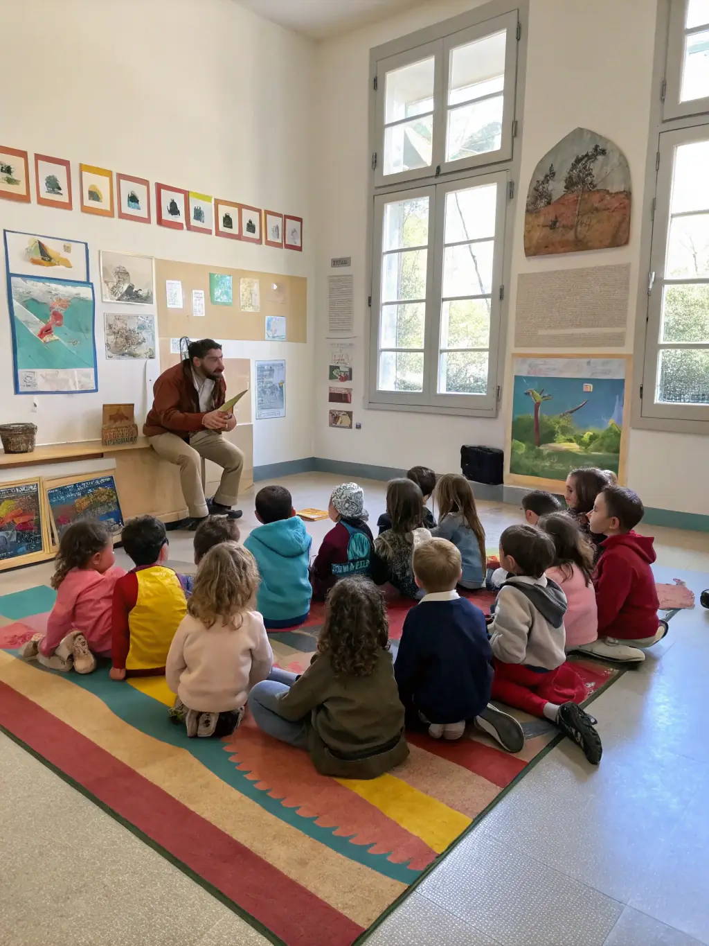 A photograph of a group of children participating in an educational workshop about local history, held at the ARCHE center in Ruoms.
