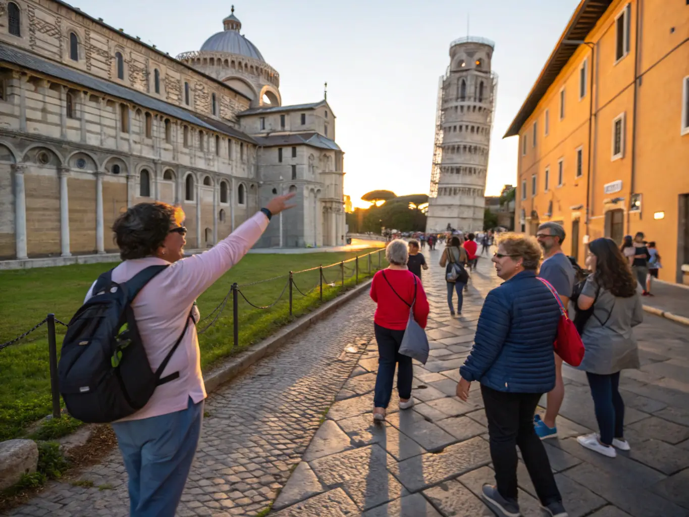 A photograph of a guided walking tour group exploring the historic streets of Ruoms, led by a knowledgeable guide pointing out architectural details and historical landmarks.