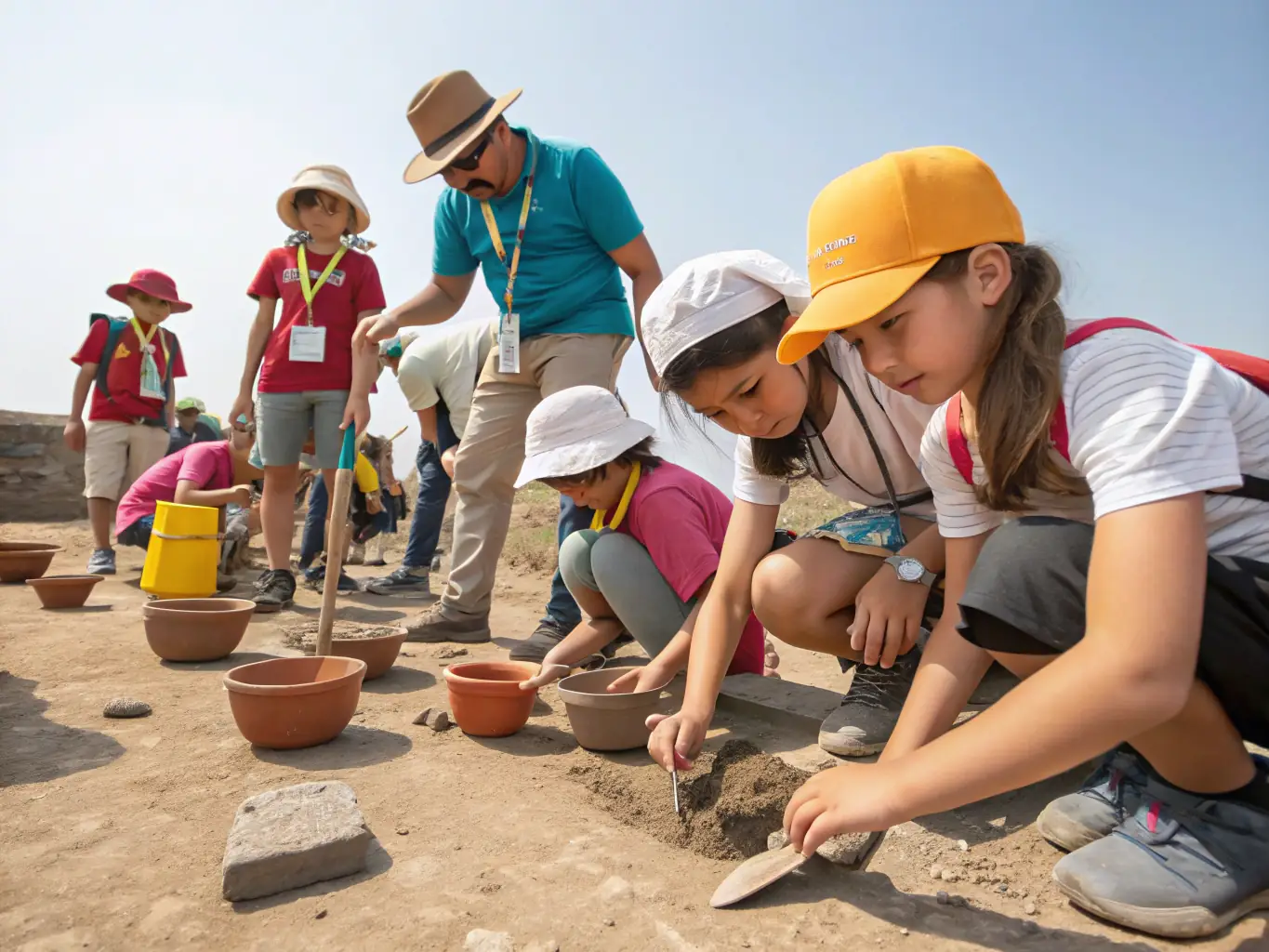 A photograph of children participating in an archeological dig activity, uncovering artifacts under the supervision of ARCHE volunteers.