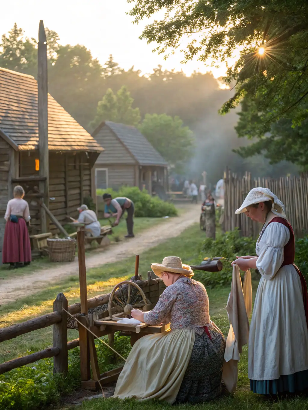 A vibrant photograph capturing participants actively engaged in a historical reenactment event in the heart of Ruoms, showcasing period costumes and traditional activities.