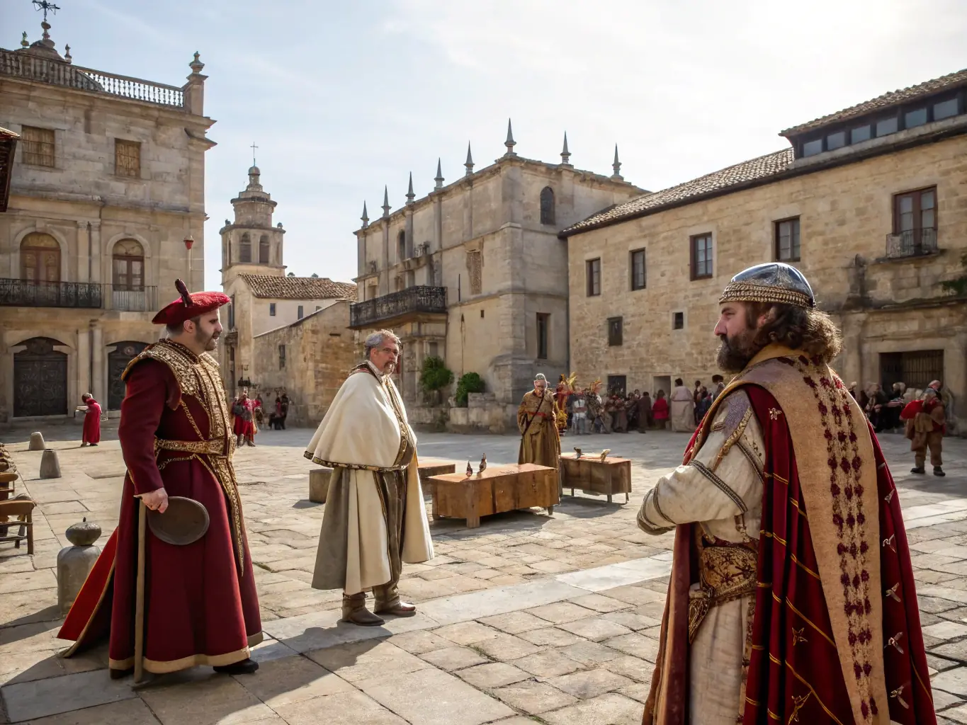 A vibrant photograph capturing a historical reenactment event in the town square of Ruoms, with participants in period costumes and a crowd of onlookers.