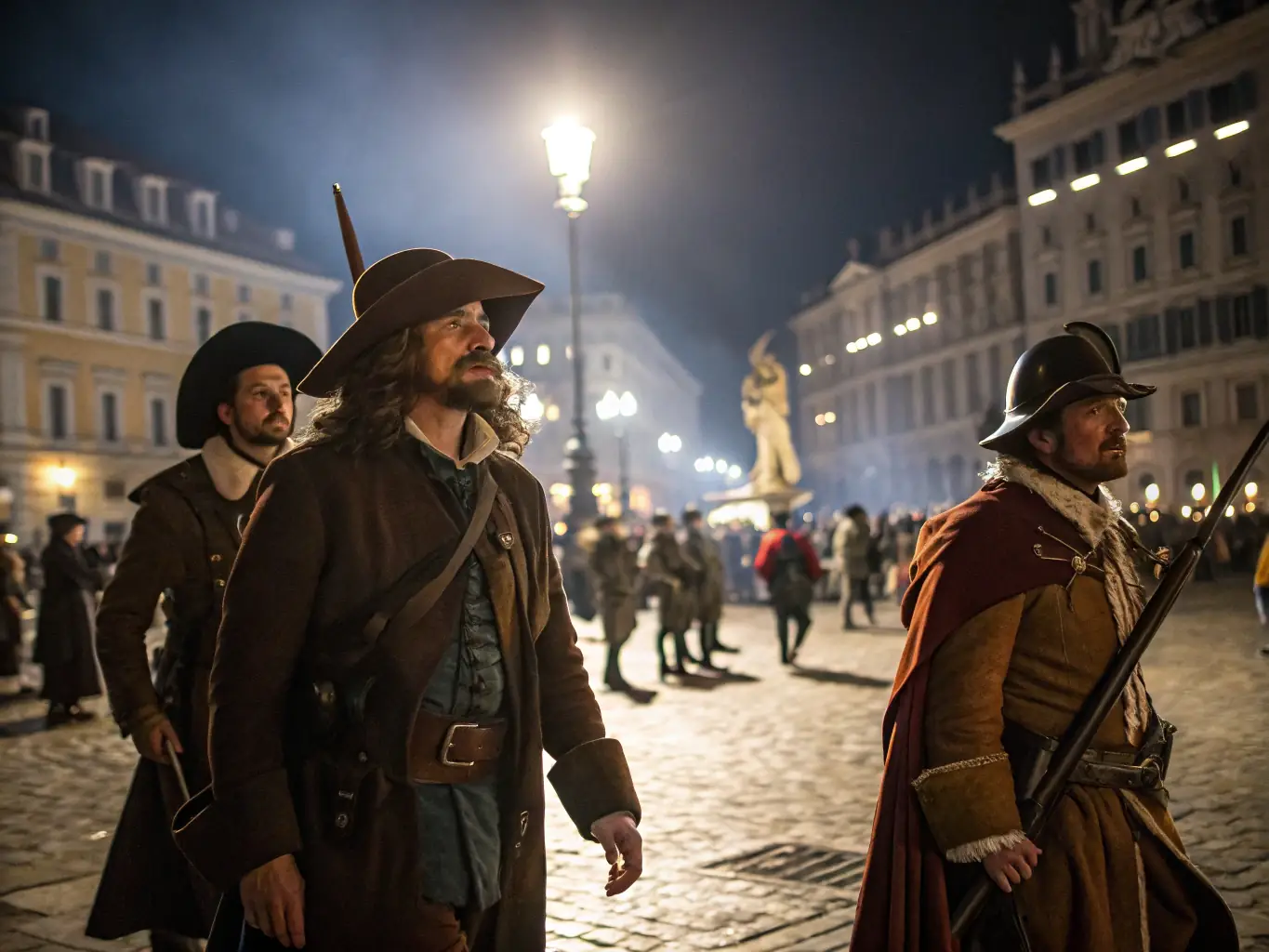 An image of a group of people participating in a historical reenactment in the town square of Ruoms, dressed in period costumes.